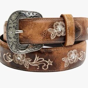 Shyanne Women's Lasy Cream Floral Western Brown Embroidered Leather Belt